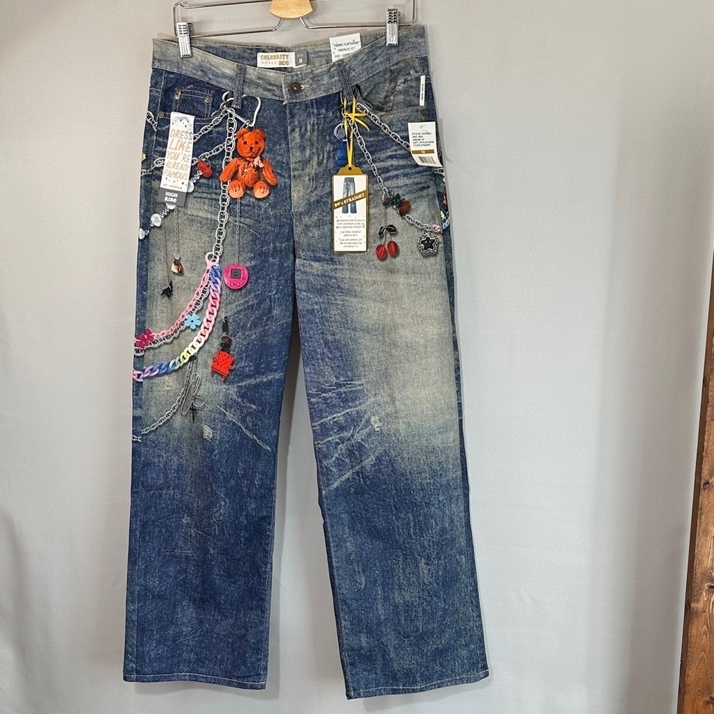 Celebrity ace Women Size 16 Embellished Blue Denim Jeans Wide Legs Retro Artsy